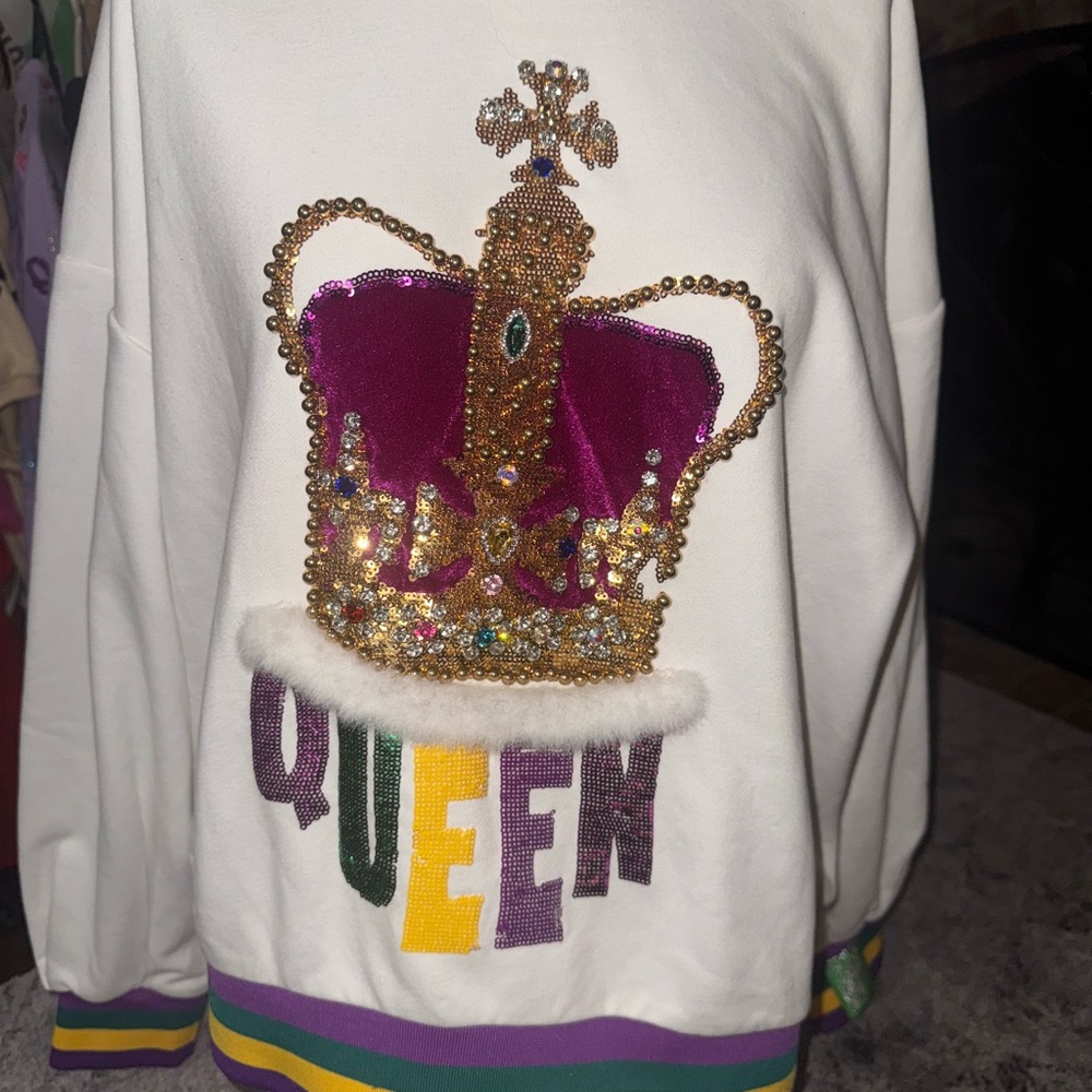 QUEEN OF SPARKLES Crown Embellished Sweater - White, Purple, Gold, Green